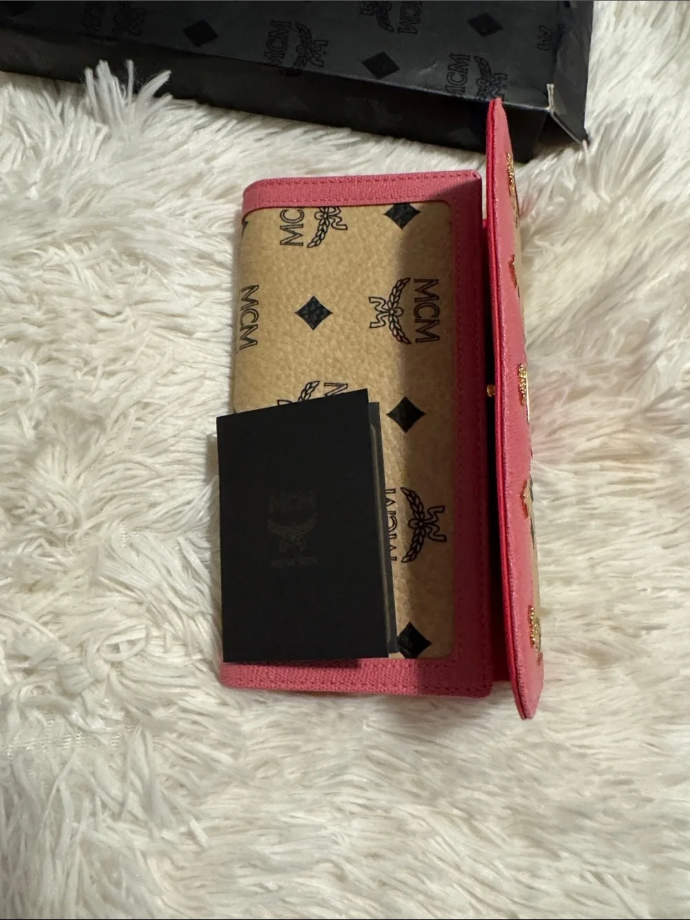 MCM Beige Monogram Long Trifold Wallet with Pink Trim and Gold Accents NWT